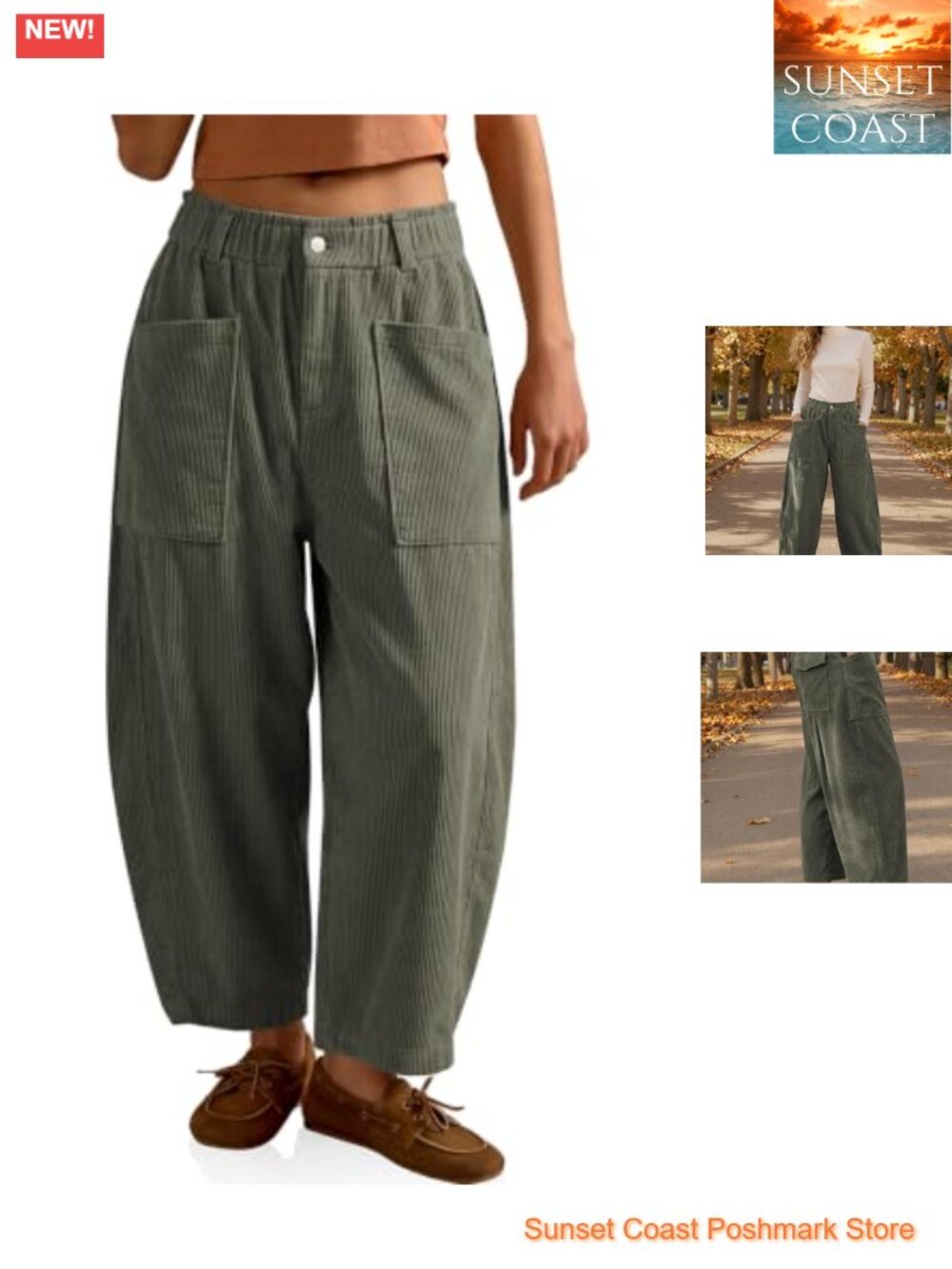 Corduroy Barrel Leg Pants High Rise Wide Leg Cropped Elastic Waist Trousers